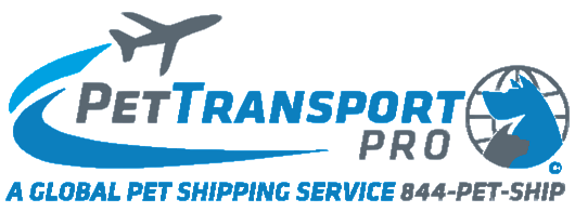 Logo of Pet Transport Pro featuring a stylized airplane flying over a blue swoosh, with text 'Pet Transport Pro' and a globe graphic containing a dog and cat silhouette, plus the tagline 'A global pet shipping service 844-PET-SHIP'